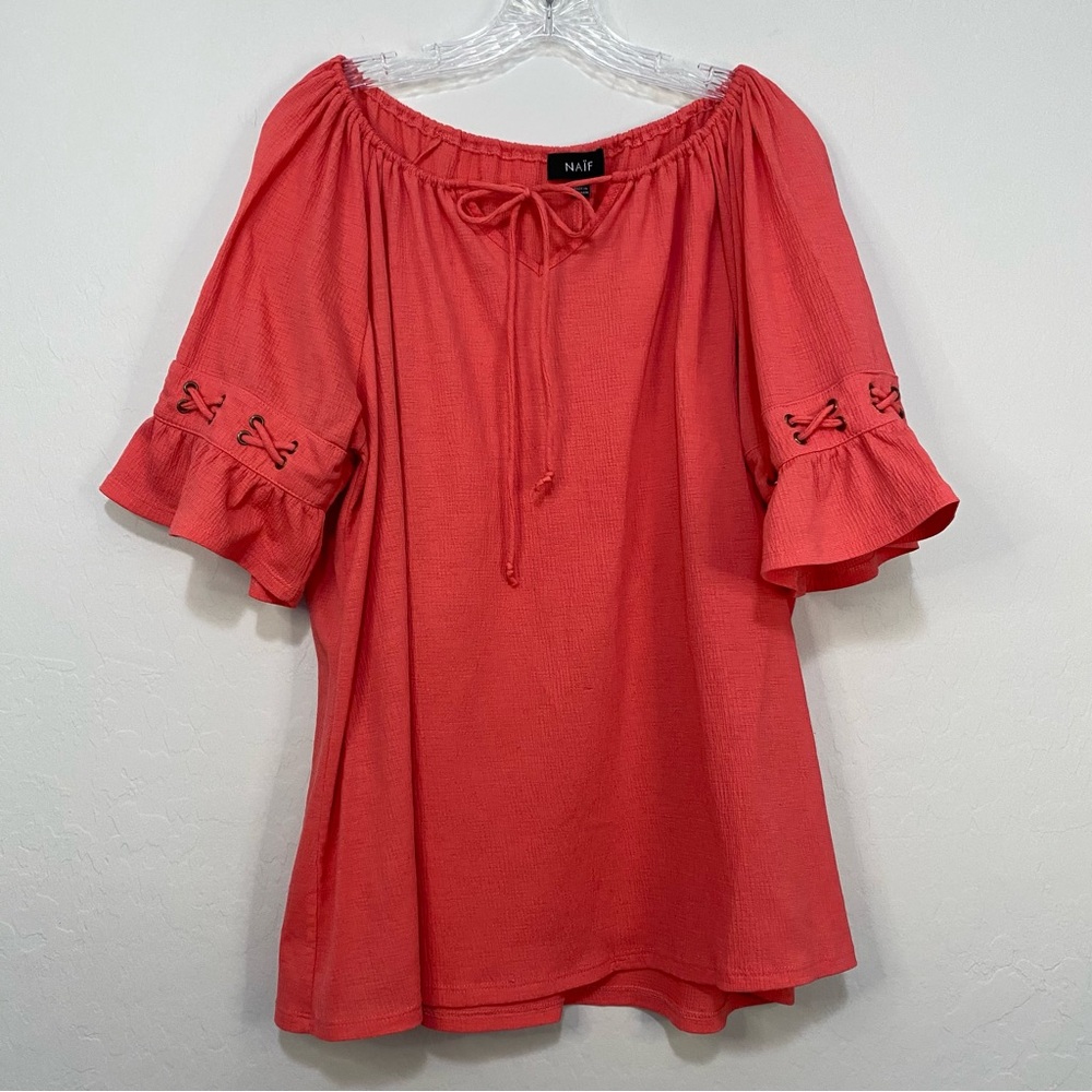NAÏF Coral Colored Bell Sleeve Tie Neckline Blouse Crepe Material Plus Size 2X